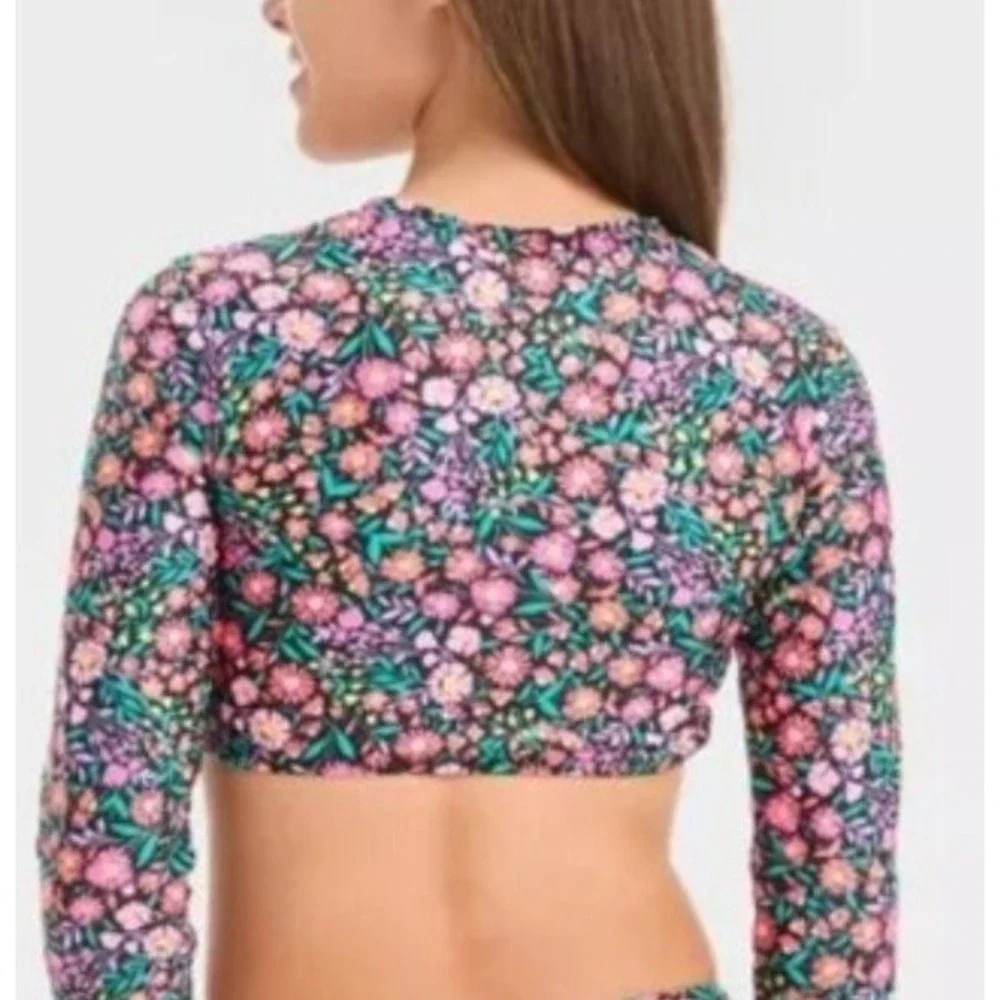 Girl's XL 14 Swim Top Rashguard Crop Floral Ditsy Zipper Long Sleeve Black Pink